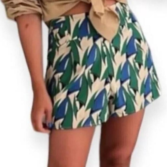 Zara Pants - ZARA Regatta Tan Blue Green Printed Zipper Back Linen Blend Shorts Size XXL NWOT